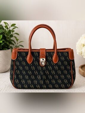 Vintage Dooney & Bourke DB Monogram Satchel Handbag Black Brown Leather Y2K